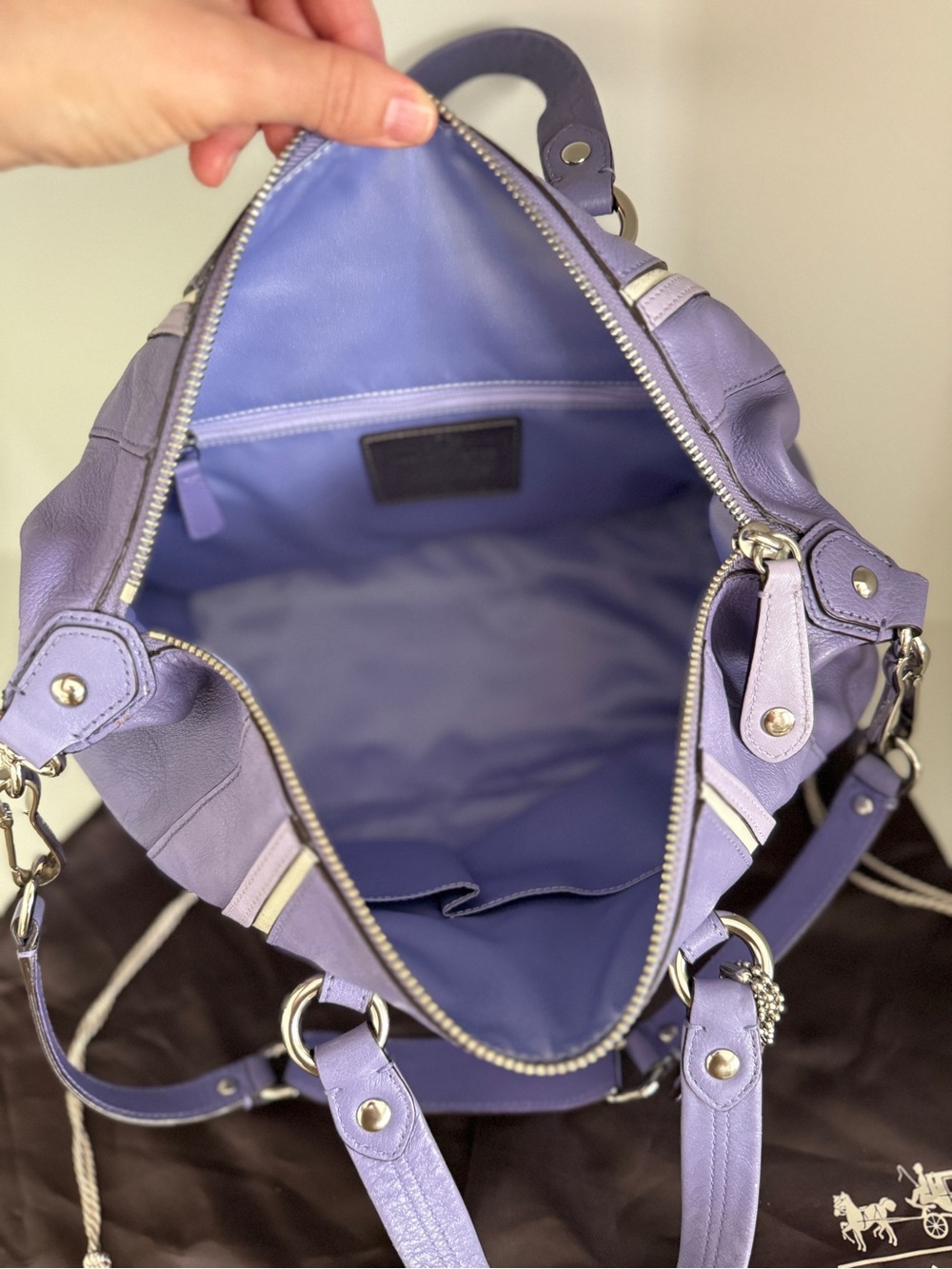 COACH Lavender Purple Leather Tote with Pale Pink Trim - Picture 8 of 12